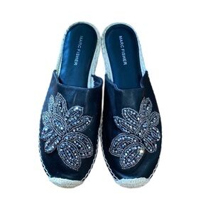 MARC FISHER BLACK FLORAL EMBROIDERED SEQUIN GARDEN MULE SIZE 8.5
